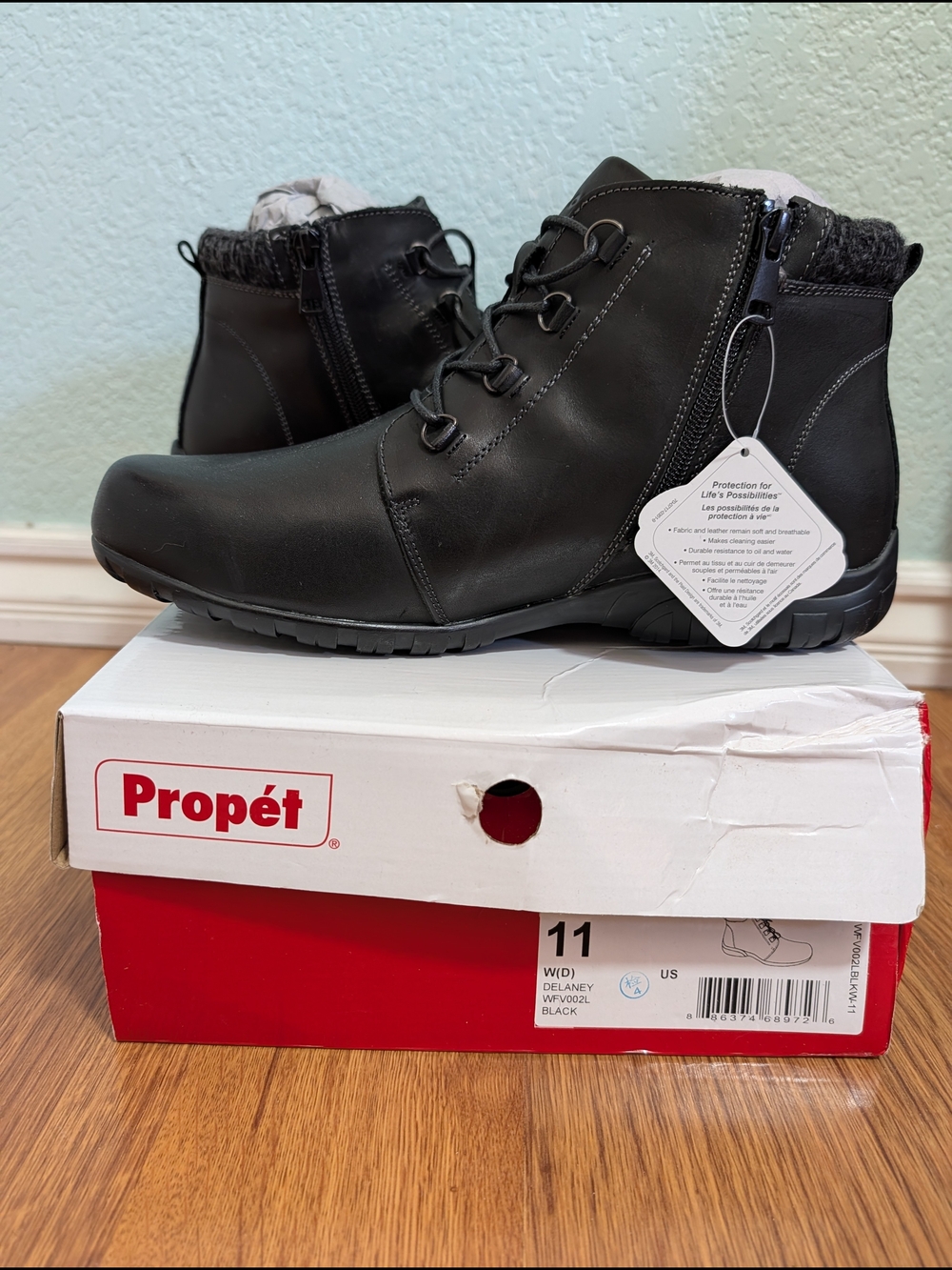 Propet Delaney Black Leather Ankle Boots- Never Worn Size 11W
